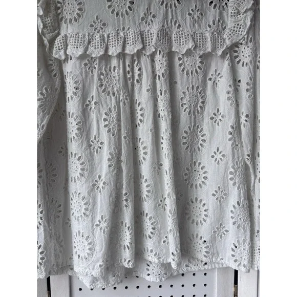 Zara Woman M White Ruffle Eyelet Boho Long SLV Top Shirt Blouse - Picture 4 of 7
